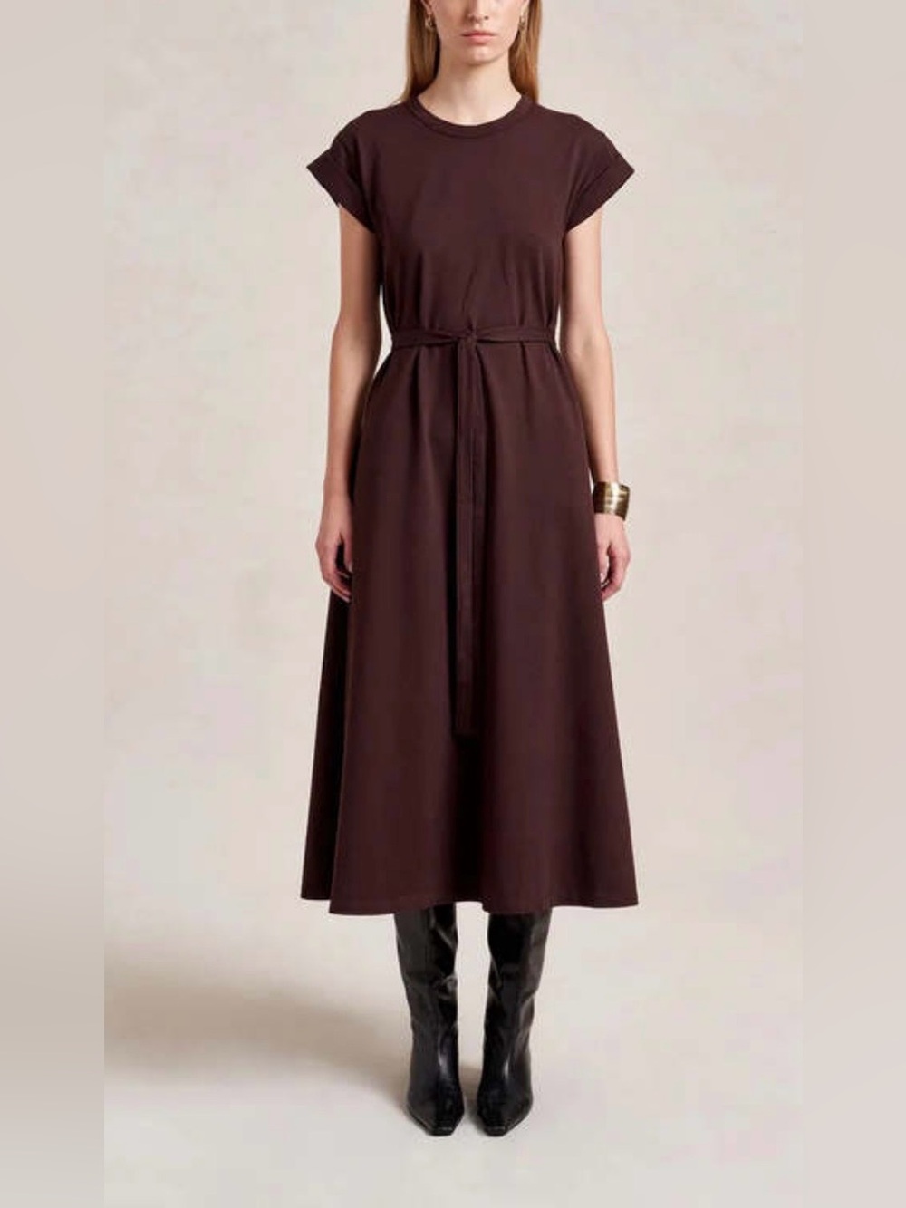 La Ligne Andie Dress Chocolate Brown with Tie Waist 100% Cotton Size M